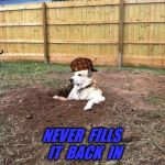 Scumbag Dog | DIGS A DEEP HOLE; NEVER  FILLS  IT  BACK  IN | image tagged in regret dog,scumbag,scumbag steve | made w/ Imgflip meme maker