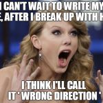Swift's New Single!?! | OMG I CAN'T WAIT TO WRITE MY NEXT SINGLE, AFTER I BREAK UP WITH HARRY? I THINK I'LL CALL IT ' WRONG DIRECTION ' | image tagged in taylor swift | made w/ Imgflip meme maker