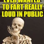 no guts, no glory | EVER WANTED TO FART REALLY LOUD IN PUBLIC; BUT DIDN'T HAVE THE GUTS TO | image tagged in bad pun skeleton,farts,funny | made w/ Imgflip meme maker