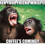 When you  two can relate .. | WHEN YOUR FRIEND WHISPERS; COFFEE'S COMING!! | image tagged in when you  two can relate | made w/ Imgflip meme maker