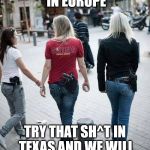How to stop it. | DEAR MUSLIM RAPISTS IN EUROPE; TRY THAT SH^T IN TEXAS AND WE WILL 'CHANGE' YOUR LIFE | image tagged in girls with guns | made w/ Imgflip meme maker