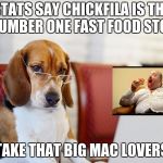 Smart beagle | STATS SAY CHICKFILA IS THE NUMBER ONE FAST FOOD STOP; TAKE THAT BIG MAC LOVERS | image tagged in smart beagle | made w/ Imgflip meme maker