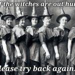 Witches | All of the witches are out hunting; please try back again... | image tagged in witches | made w/ Imgflip meme maker