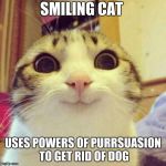 Smiling cat meme | SMILING CAT; USES POWERS OF PURRSUASION TO GET RID OF DOG | image tagged in smiling cat meme | made w/ Imgflip meme maker