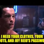 How that blog got hacked | I NEED YOUR CLOTHES, YOUR BOOTS, AND JOY REID'S PASSWORD | image tagged in terminator i need your clothes | made w/ Imgflip meme maker