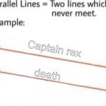 Parallel Lines:
Captain Rex | Captain rex; death | image tagged in two lines template,star wars,star wars meme | made w/ Imgflip meme maker