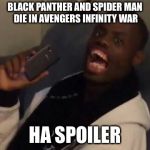 Got eem | BLACK PANTHER AND SPIDER MAN DIE IN AVENGERS INFINITY WAR; HA SPOILER | image tagged in got eem | made w/ Imgflip meme maker