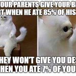 You both ate part of your dinner but only he gets dessert. Clearly favoritism. | WHEN YOUR PARENTS GIVE YOUR BROTHER DESSERT WHEN HE ATE 85% OF HIS DINNER; BUT THEY WON'T GIVE YOU DESSERT WHEN YOU ATE 7% OF YOURS | image tagged in persian cat room guardian,memes,dessert,favoritism,percentages,thisimagehasalotoftags | made w/ Imgflip meme maker