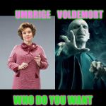Umbridge/Voldemort 2016 | UMBRIGE    VOLDEMORT; WHO DO YOU WANT DEAD MORE? | image tagged in umbridge/voldemort 2016 | made w/ Imgflip meme maker