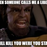 Being called a Liberal | WHEN SOMEONE CALLS ME A LIBERAL; I WILL KILL YOU WERE YOU STAND | image tagged in worf yelling,liberal,insult | made w/ Imgflip meme maker