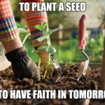 Gardening | TO PLANT A SEED; IS TO HAVE FAITH IN TOMORROW | image tagged in gardening | made w/ Imgflip meme maker