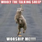 Jumping Sheep | WOOLY THE TALKING SHEEP; WORSHIP ME!!!! | image tagged in jumping sheep | made w/ Imgflip meme maker