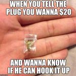weed sack | WHEN YOU TELL THE PLUG YOU WANNA $20; AND WANNA KNOW IF HE CAN HOOK IT UP | image tagged in weed sack | made w/ Imgflip meme maker