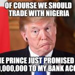 Trump dumbfounded | OF COURSE WE SHOULD TRADE WITH NIGERIA; THE PRINCE JUST PROMISED ME $100,000,000 TO MY BANK ACCOUNT | image tagged in trump dumbfounded | made w/ Imgflip meme maker