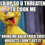 Big Bird | HOLD UP SO U THREATENED TO COOK ME; BUT BRING ME BACK FRIED CHICKEN NUGGETS I DON'T GET IT | image tagged in big bird | made w/ Imgflip meme maker