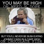 Thats the way it goes... | ON WEED N DOPE; ON CHOCOLATE FISH | image tagged in george bush in cake high,diamond cut memes | made w/ Imgflip meme maker