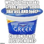 Greek yogurt | Why did they make Greek yogurt smell like ass AND feet? COULDN'T THEY JUST PICK ONE? | image tagged in greek yogurt | made w/ Imgflip meme maker