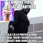 Black Panther | I AM THE FIRST BLACK PANTHER; P.A.N.T.H.E.R PRAYER ALIVING NOT REAL TRICKY HECKER ELLIUSION RACIST MAN LOOOLLOLOLOL | image tagged in black panther | made w/ Imgflip meme maker
