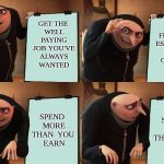 Gru's plan | FINALLY ESTABLISH GOOD CREDIT; GET THE WELL PAYING JOB YOU'VE ALWAYS WANTED; SPEND 
MORE THAN 
YOU 
EARN; SPEND 
MORE THAN 
YOU 
EARN | image tagged in gru's plan | made w/ Imgflip meme maker