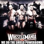 wrestlemania 31 | WE ARE THE SHIELD; WE DO THE SHIELD POWERBOMB ON JOHN CENA | image tagged in wrestlemania 31 | made w/ Imgflip meme maker