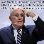 Rudy Giuliani | So I was thinking, Cohen's indictment will shock the Hell out of people. So how about we start letting it out in smaller increments? | image tagged in rudy giuliani | made w/ Imgflip meme maker
