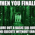 matrix | WHEN YOU FINALLY; FIGURE OUT A BASIC SQL QUERY AND EXECUTE WITHOUT ERROR | image tagged in matrix | made w/ Imgflip meme maker