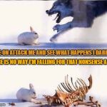 Rabbit Vs Wolf | COME ON ATTACK ME AND SEE WHAT HAPPENS I DARE YOU; THERE IS NO WAY I'M FALLING FOR THAT NONSENSE AGAIN | image tagged in rabbit vs wolf | made w/ Imgflip meme maker