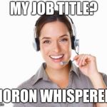call center agent | MY JOB TITLE? MORON WHISPERER. | image tagged in call center agent | made w/ Imgflip meme maker
