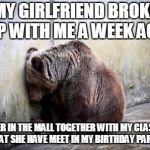 Sad Bear | MY GIRLFRIEND BROKE UP WITH ME A WEEK AGO; SEEN HER IN THE MALL TOGETHER WITH MY CLASSMATE THAT SHE HAVE MEET IN MY BIRTHDAY PARTY. | image tagged in sad bear | made w/ Imgflip meme maker