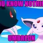You know nothing Umbreon | YOU KNOW NOTHING; UMBREON | image tagged in umbreon and espeon,you know nothing | made w/ Imgflip meme maker