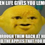 lemon | WHEN LIFE GIVES YOU LEMONS; YOU THROUGH THEM BACK AT HIM AND DEMAND THE APPLES THAT YOU BOUGHT | image tagged in lemon | made w/ Imgflip meme maker
