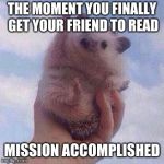 Encouraging Hedgehog | THE MOMENT YOU FINALLY GET YOUR FRIEND TO READ; MISSION ACCOMPLISHED | image tagged in encouraging hedgehog | made w/ Imgflip meme maker