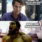 the hulk says no! | WHEN DISNEY BOUGHT OUT MARVEL: I CAN SHOW YOU A HULK SHINING SHIMMERING SPLENDER; MARVEL FANS: NOOOOOOOOOO!!! | image tagged in the hulk says no | made w/ Imgflip meme maker