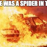 car on fire | THERE WAS A SPIDER IN THERE | image tagged in car on fire | made w/ Imgflip meme maker