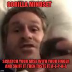 mike cernovich | GORILLA MINDSET; SCRATCH YOUR ARSE WITH YOUR FINGER AND SNIFF IT THEN TASTE IT, A-L-P-H-A | image tagged in mike cernovich | made w/ Imgflip meme maker