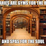 Library | LIBRARIES ARE GYMS FOR THE BRAIN; AND SPAS FOR THE SOUL | image tagged in library | made w/ Imgflip meme maker