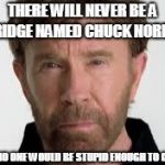 Chuck | THERE WILL NEVER BE A BRIDGE NAMED CHUCK NORRIS; BECAUSE NO ONE WOULD BE STUPID ENOUGH TO CROSS HIM | image tagged in chuck | made w/ Imgflip meme maker
