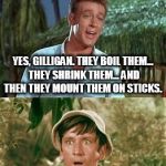 Gilligans's Island | DO THOSE HEADHUNTERS REALLY COLLECT HEADS, PROFESSOR? YES, GILLIGAN. THEY BOIL THEM... THEY SHRINK THEM... AND THEN THEY MOUNT THEM ON STICKS. EEEEEEEW, WHAT A CRAZY CANE! | image tagged in gilligans's island | made w/ Imgflip meme maker