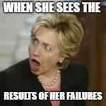 Hillary Clinton - Open mouth | WHEN SHE SEES THE; RESULTS OF HER FAILURES | image tagged in hillary clinton - open mouth | made w/ Imgflip meme maker