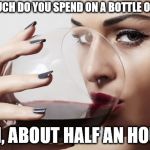 Wine level - expert | HOW MUCH DO YOU SPEND ON A BOTTLE OF WINE? OH, ABOUT HALF AN HOUR | image tagged in memes,wine | made w/ Imgflip meme maker