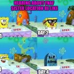 FNAF 6 COMING | HEARING ABOUT FNAF SISTER LOCATION BE LIKE; DAY:2; DAY :1; DAY:3; DAY:4 | image tagged in fnaf 6 coming | made w/ Imgflip meme maker