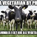 Cows for sale | I'M A VEGETARIAN BY PROXY; THE ANIMALS I EAT ARE ALL VEGETARIAN | image tagged in cows for sale | made w/ Imgflip meme maker