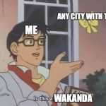 Is this a pigeon? | ANY CITY WITH TREES; ME; WAKANDA | image tagged in is this a pigeon | made w/ Imgflip meme maker