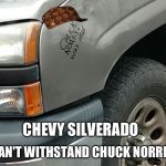 ChuckVSChevy | CAN'T WITHSTAND CHUCK NORRIS; CHEVY SILVERADO | image tagged in chuckvschevy,scumbag | made w/ Imgflip meme maker