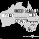 Basically Australia | ULURU; BARRIER REEF; DESERT; NOT AUSTRALIA’S CAPITAL; NO CLUE; NO CLUE; THE ONE NO ONE KNOWS IS APART OF AUSTRALIA | image tagged in australia wiki | made w/ Imgflip meme maker