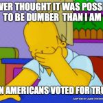 Homer Simpson | I NEVER THOUGHT IT WAS POSSIBLE TO BE DUMBER  THAN I AM; THEN AMERICANS VOTED FOR TRUMP; CAPTION BY JAMIE FREDRICKSON 2018 | image tagged in homer simpson | made w/ Imgflip meme maker