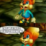 Conker  | NOWS THE TIME TO SLEEP ELSEWHERE; THIS WEATHER'S REALLY COOKING ME | image tagged in conker | made w/ Imgflip meme maker