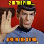 Spock, star trek, stink | 2 IN THE PINK..... ONE IN THE STINK. | image tagged in spock star trek stink | made w/ Imgflip meme maker