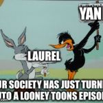 Duck season | YANNY; LAUREL; OUR SOCIETY HAS JUST TURNED INTO A LOONEY TOONS EPISODE | image tagged in duck season | made w/ Imgflip meme maker