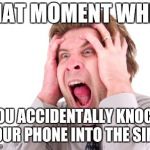 Screaming Man | THAT MOMENT WHEN; YOU ACCIDENTALLY KNOCK YOUR PHONE INTO THE SINK. | image tagged in screaming man | made w/ Imgflip meme maker